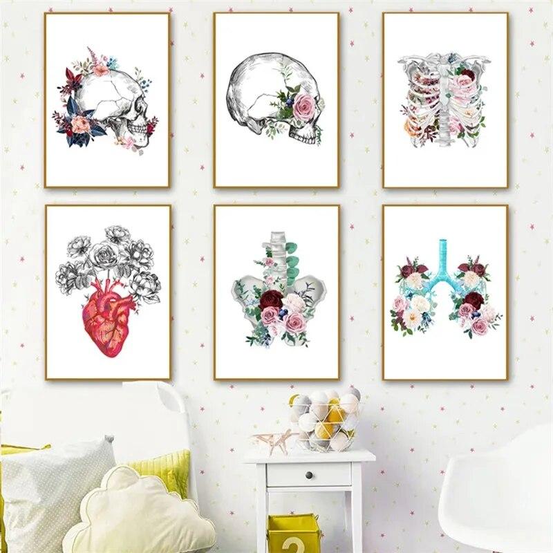 

Prints Nordic Prints Living Room Skull Heart Wall Art Canvas Painting Pictures Floral and Anatomy Posters