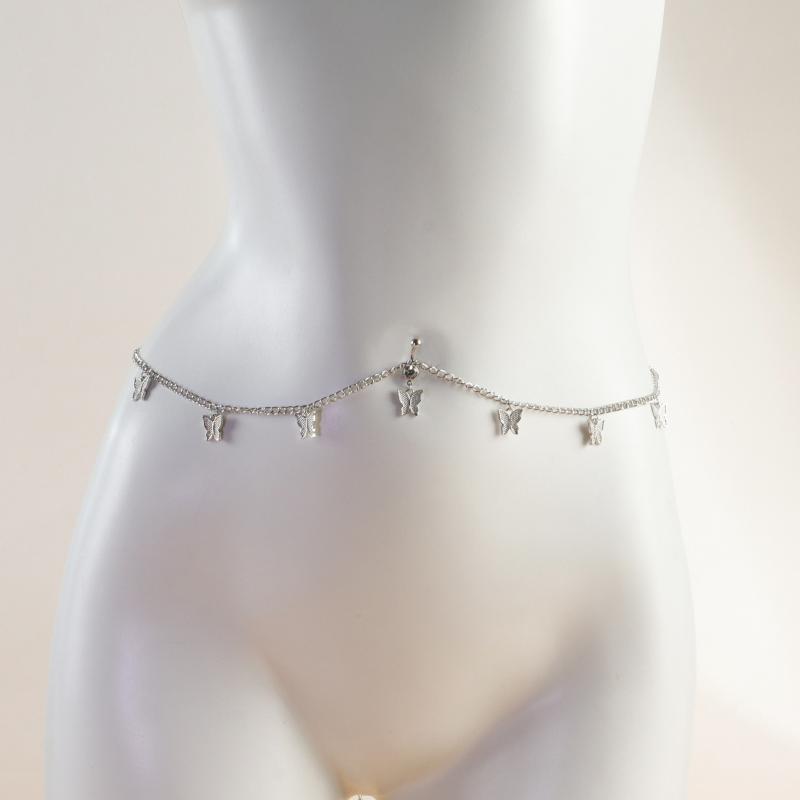 Women Butterfly Charm Waist Chain Silver Plated Belly Button Ring Adjustable Body Chain for Summer Boho Gathering