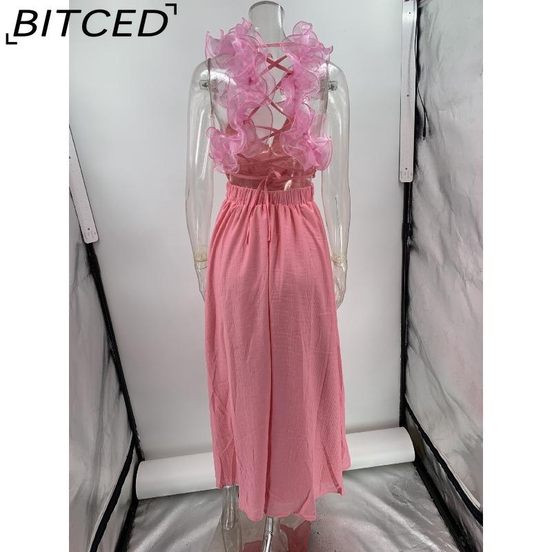 BITCED Women's Summer Sexy Sleeveless Solid-Color Tie-Waist Pleated Skirt Dress