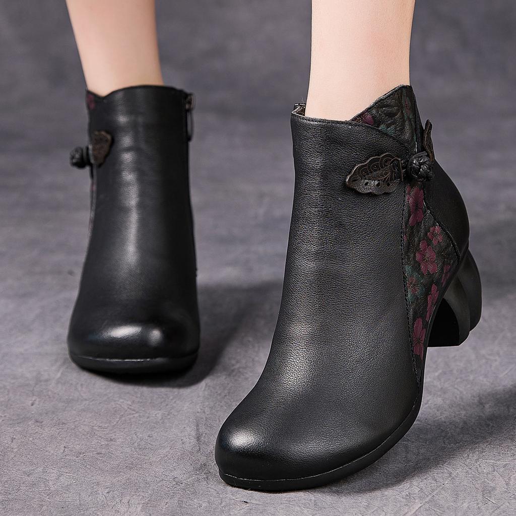 Fashion GKTINOO Genuine Leather Ankle Boots 2025 Winter New Ethnic Printed Women's Boots Soft Soles Thick Heels Mother's Leather Boots