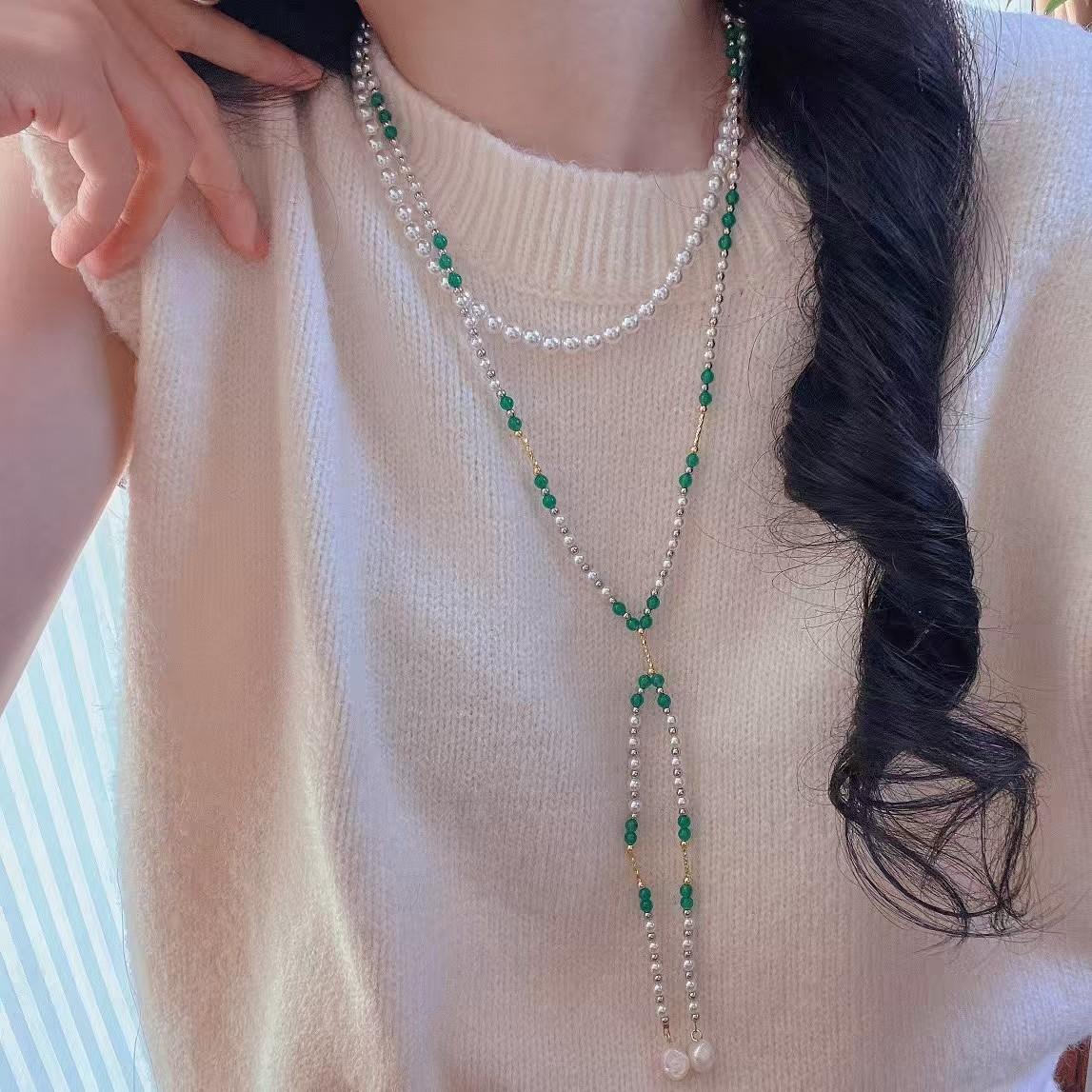 

Vintage Design Natural Chalcedony High-Gloss Artificial Crystal Pearl Sweater Chain Necklace