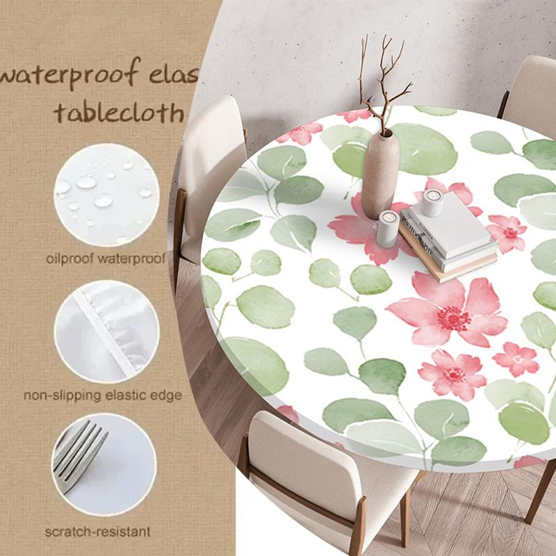 Round Table Cover Protector Elastic –Floral Print Fitted Tablecloth Waterproof,Elastic Edge Round Table Cloth for Dining Kitchen
