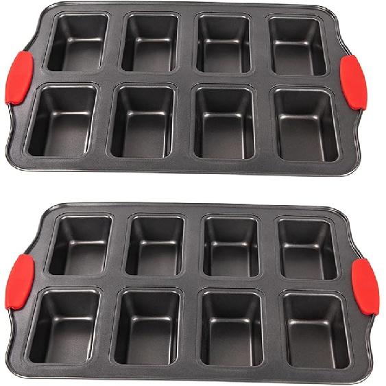 2 Packs 8 Cavity Non-Stock Mini Loaf Pan with Silicone Handle, Mini Bread Loaf Baking Pan Mini Brownie Pan Cheesecake Mould Rectangular Bar Mini Loaf Pan
