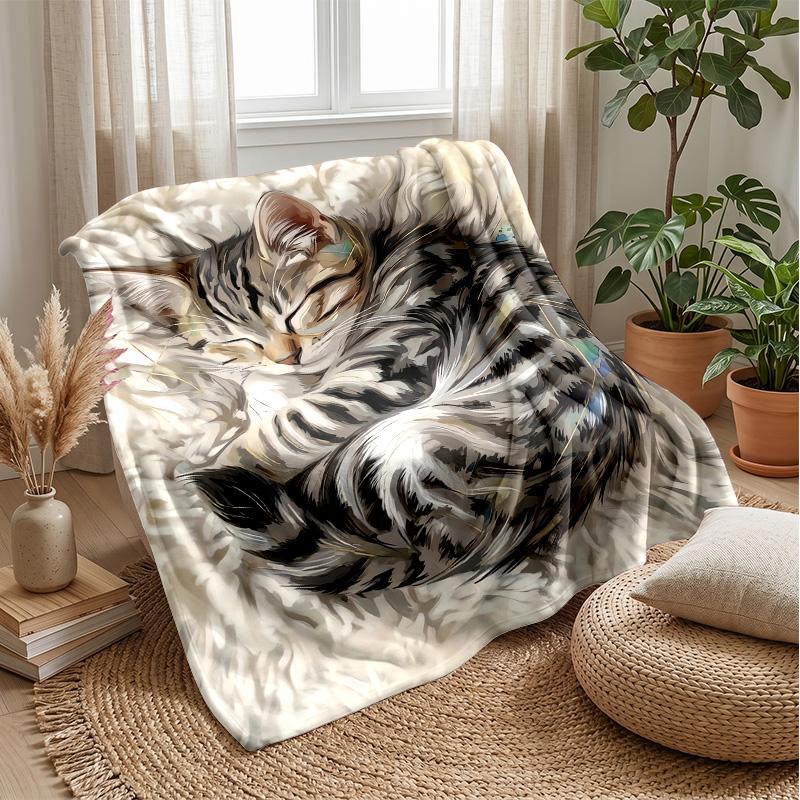 Sleeping Kitten Under Stars Theme blanket Lightweight Warm Flannel Blanket Decorative Throw Blanket for Home Decoration
