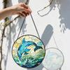 2D Flat Stained Glass Blue Dolphin Window Decoration, 6.3/7.87inches Ocean Theme Colored Glass Plate with Chain, Charming Indoor/Outdoor Sun Catcher