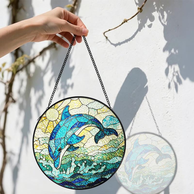 2D Flat Stained Glass Blue Dolphin Window Decoration, 6.3/7.87inches Ocean Theme Colored Glass Plate with Chain, Charming Indoor/Outdoor Sun Catcher