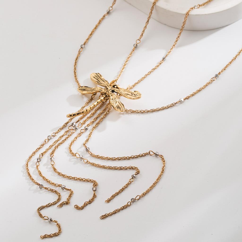 European and American New Retro Bohemian Style Multi-layer Beaded Necklace for Women, Exaggerated and Elegant Multi-layer Dragonfly Tassel Choker