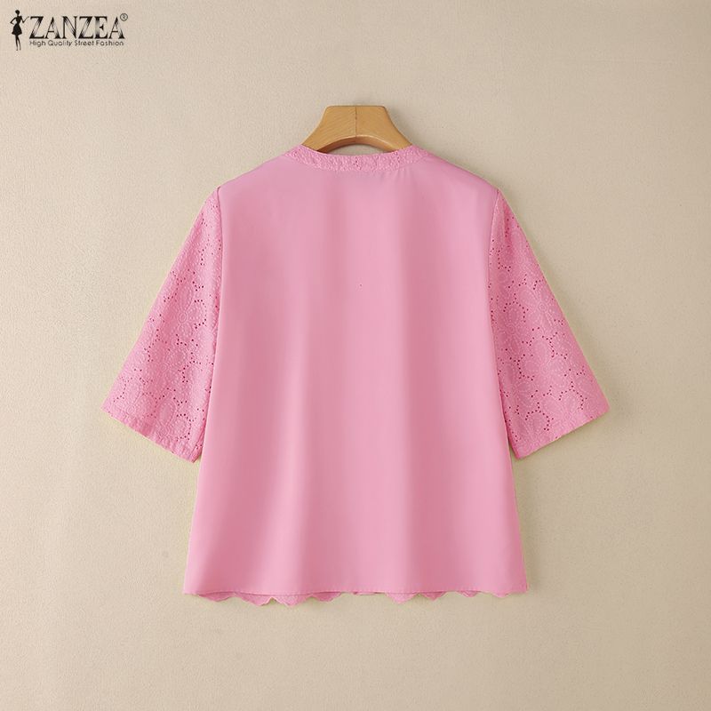 ZANZEA Women Round Neck Half Sleeve Casual Patchwork Crochet Blouse