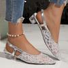 Fashion Summer Glitters Sandals Elegant Ladies Square Toe Pumps Spring Vintage Med Heel Shoes Beige Silver Slingbacks Footwear