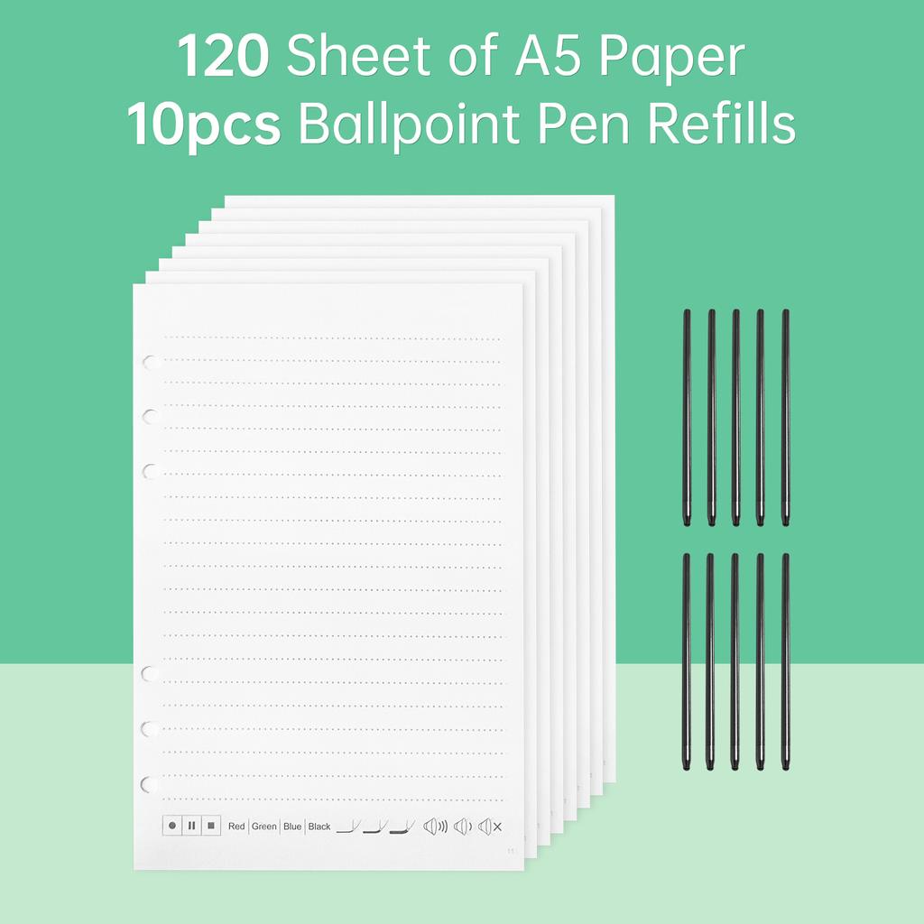 A5 Paper 120 Sheet and 10pcs Ballpoint Pen Refills for Bisofice Notebook Digital Pen Compatible with Boardpen and