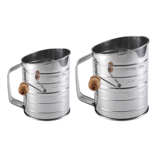 Stainless Steel Flour Sifter Hand Cranked Flour Sieve with Measurement Markings 3-Cup Capacity