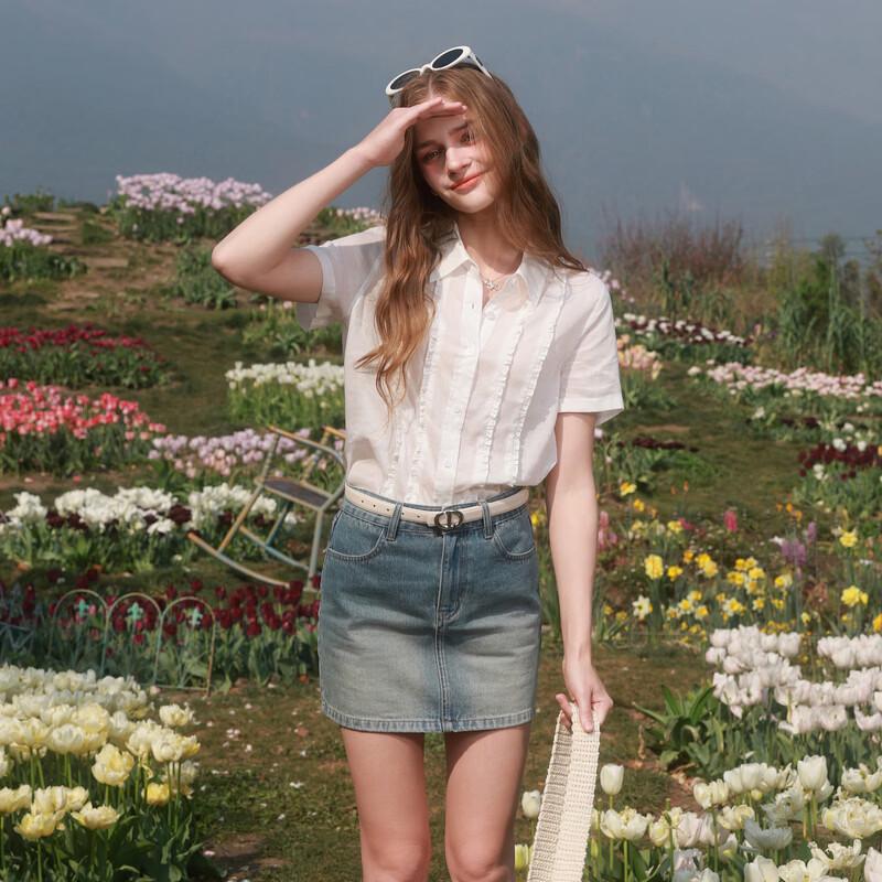 Sancai Lyocell Ruffle Collar Casual White Shirt