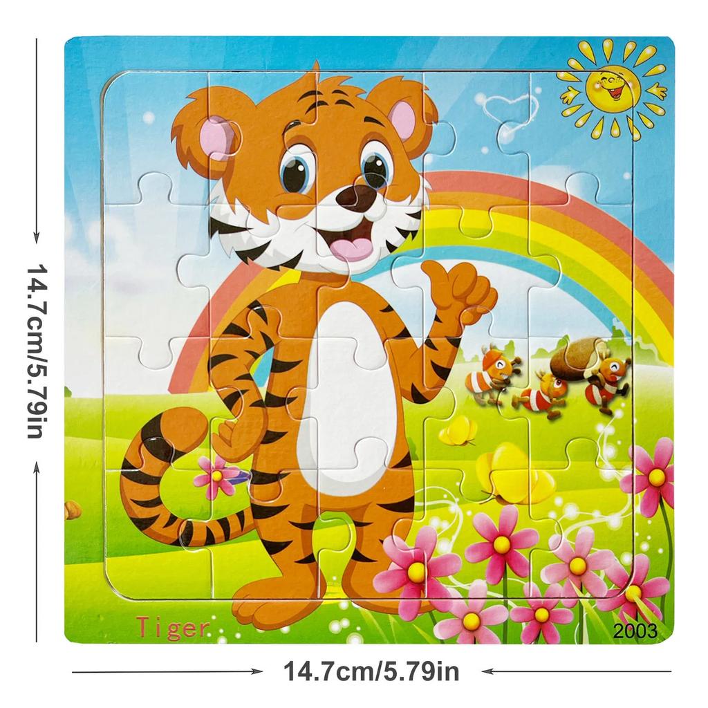 14.7cm/5.79in Wooden Jigsaw Puzzles Cartoon Animals Pattern Montessori Games Kids Educational Learning Wood Toys for Children