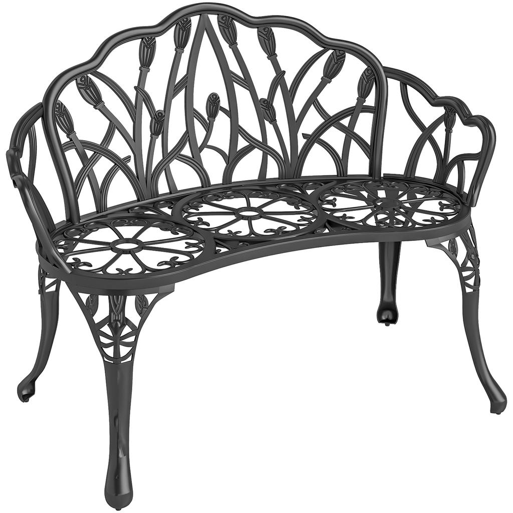 Garden Bench, 2-Seater, Cast Aluminum, Outdoor Bench with Tulip Backrest, Floral Motif
