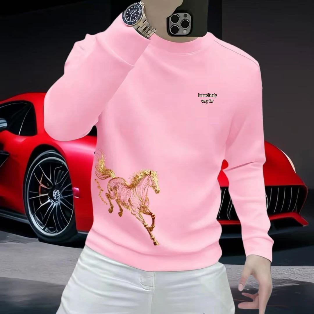 Year of the Horse Men s Sweatshirt: Fleece-Lined, Trendy Print, Round Neck, Versatile Autumn/Winter Fashion. 5XL