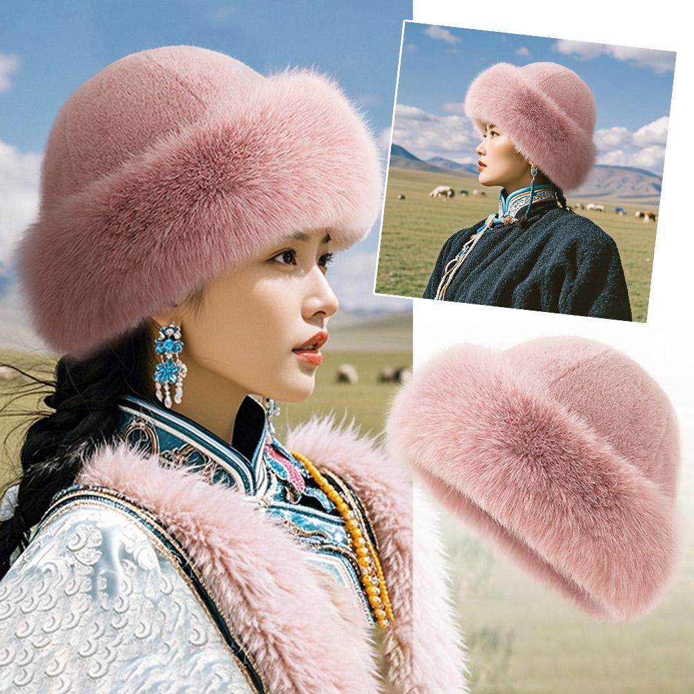Winter Thick Warm Furry Beanie Hat Mongolian Style Ear Protection Plush Cap, Casual Solid Color Brimless Hat for Women Men