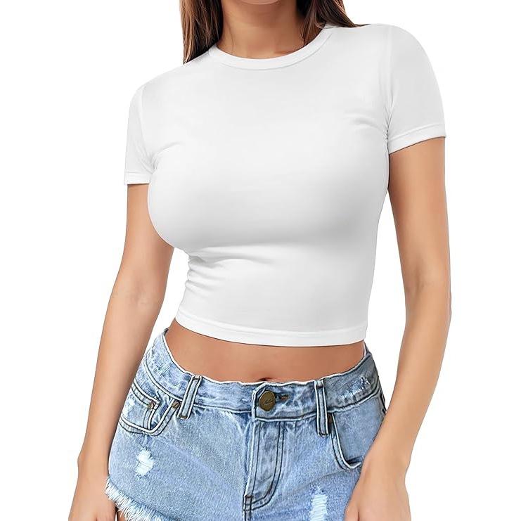Women s Crew Neck Short Sleeve Crop Top Slim Fit Streetwear Milk Fabric Cropped Tee XS