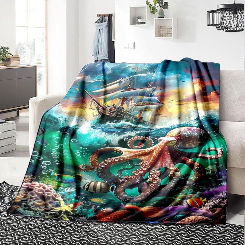 Pirate Ship Art Print Flannel Blanket High Quality Warm Comfortable Cover for All Seasons Perfect for Gifts Home Decor
