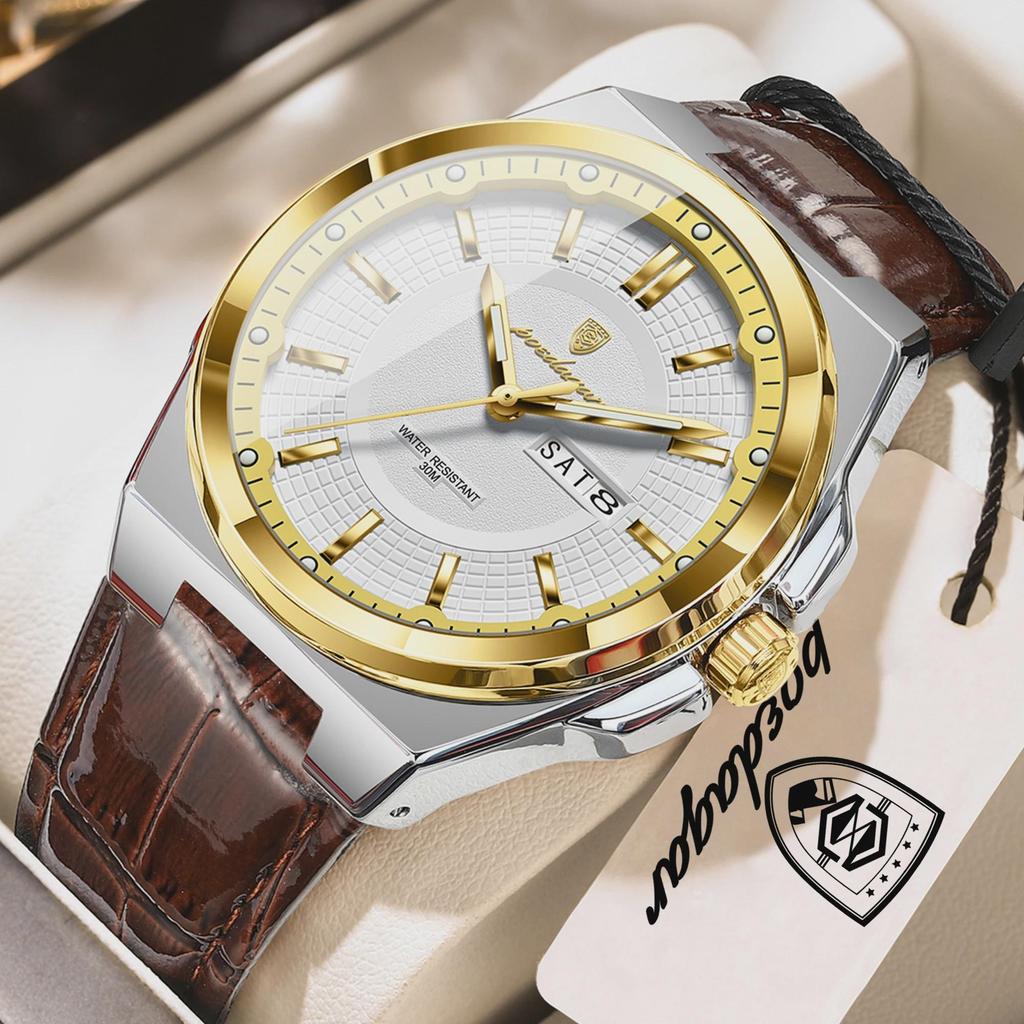 POEDAGAR Luxury Fashion Man Wristwatch Waterproof Luminous Date Week Big Dial Quartz Men's Watches Casual Leather Men Watch