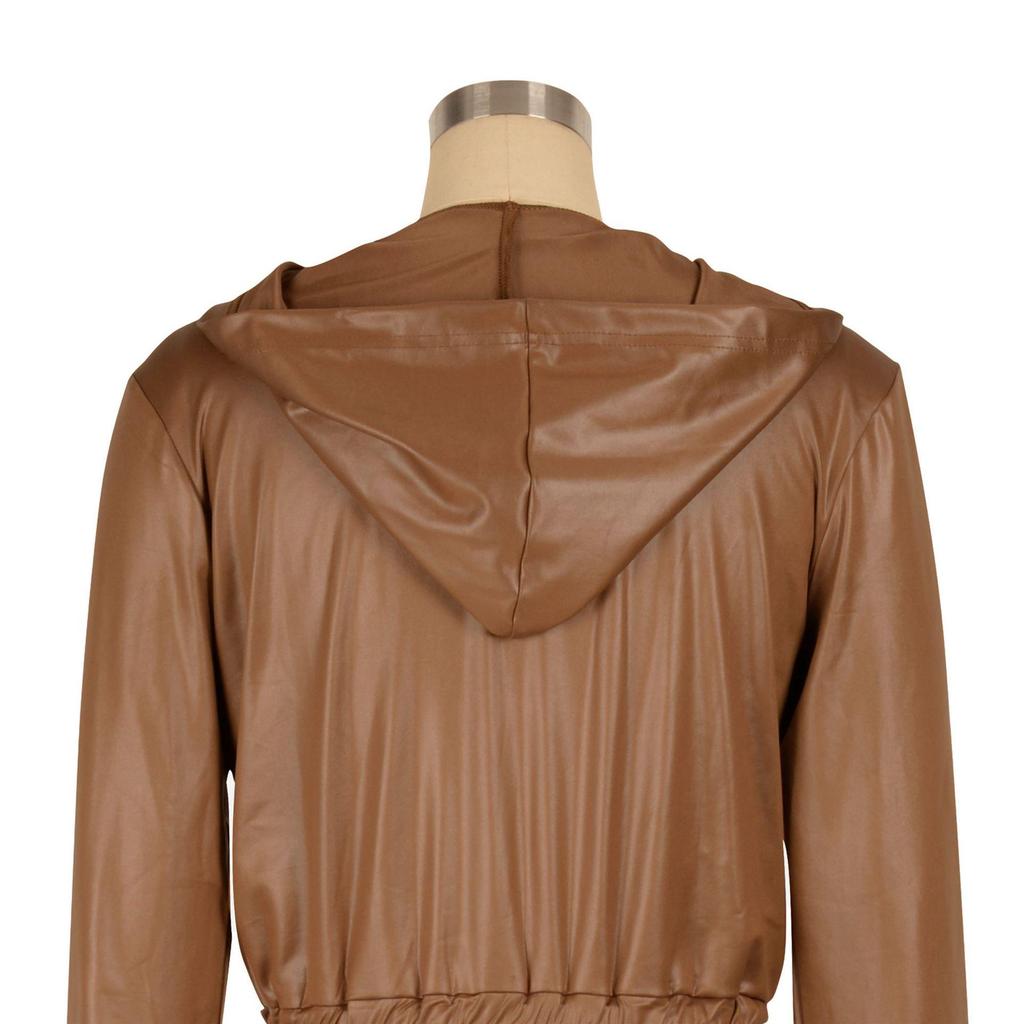 AL255 Women's Two-Piece Casual Sportswear Set - Hooded Faux Leather Jacket