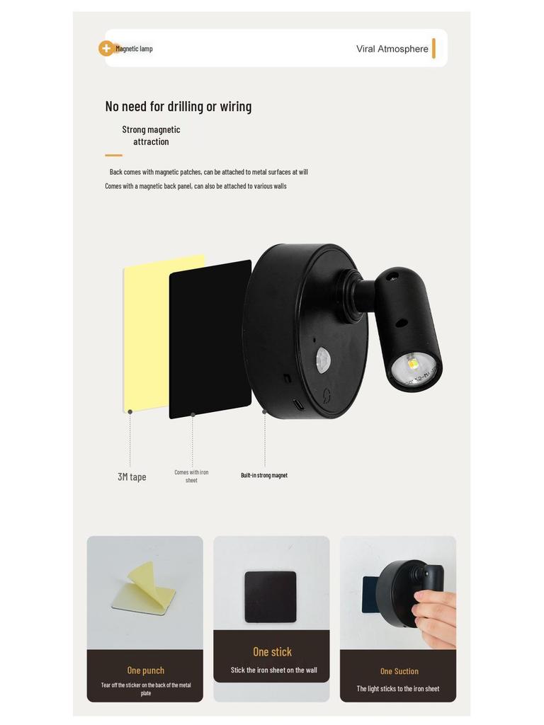 Kabellose LED-Wandleuchte mit verstellbarem Spot, Touch- und Fernbedienung, 3 Lichtmodi, keine Installation erforderlich – Perfekt für Schlafzimmer oder Flur.