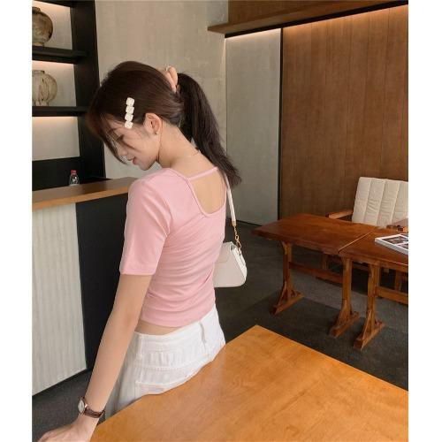 

Short-sleeved T-shirt women s summer new Korean version design sense slim and thin backless short student top ins tide M розовый