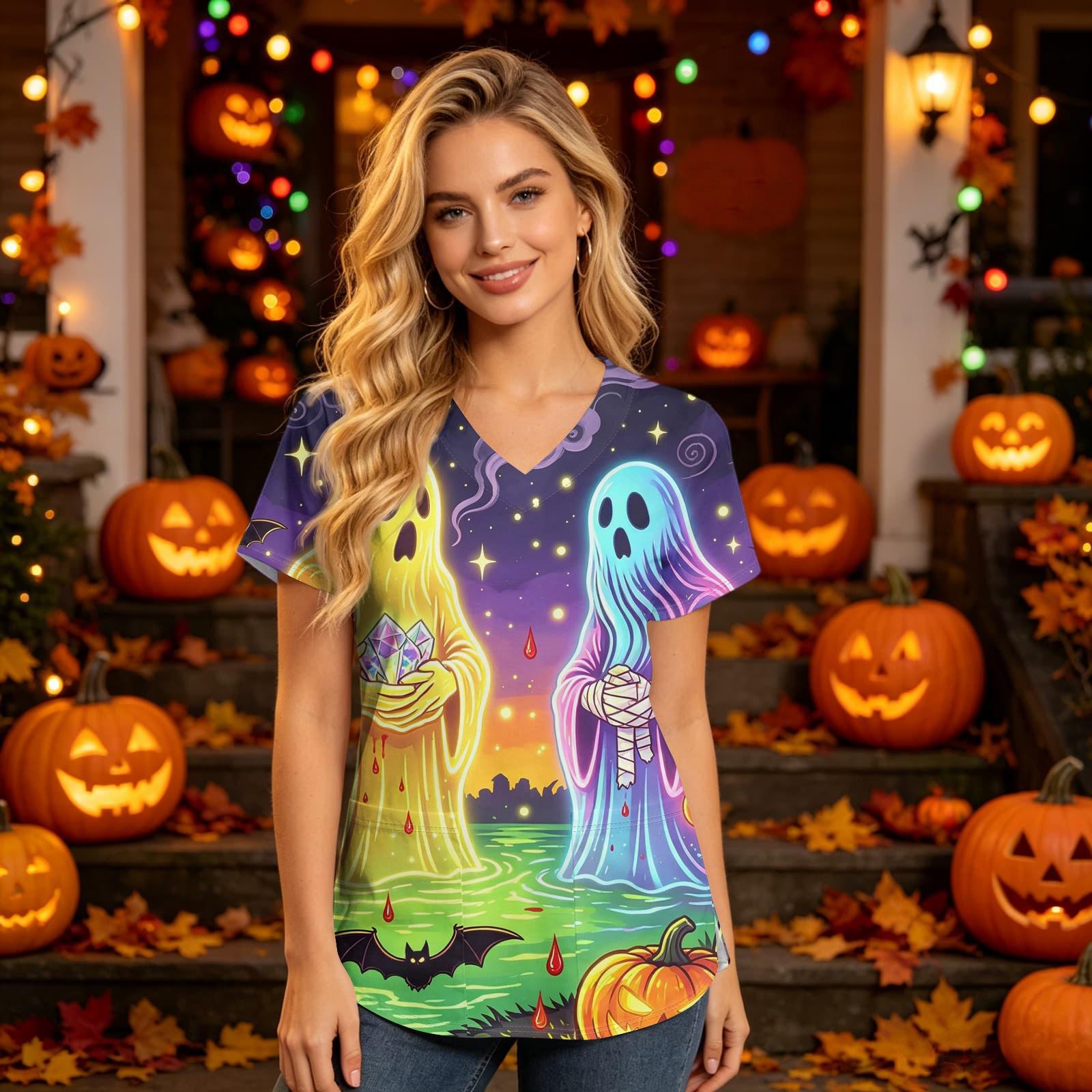 Women s V Neck Short Sleeve Scrub Top with Pockets Halloween Print XXL