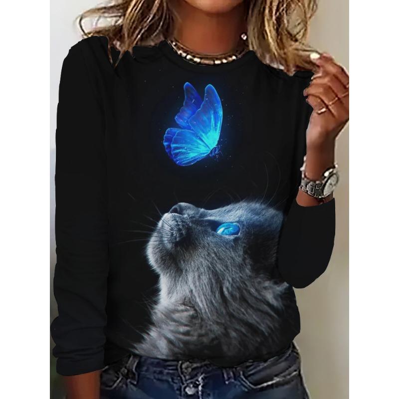 Women's Long Sleeve T-Shirt Cute Cat Pattern 3D Print Autumn Street Casual Fall Round Neck Oversized Clothing Outdoor T Shirts