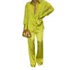 Women's Satin 2-Piece Set, Shirt Collar Long Sleeve Top with Loose Straight Leg Pants, Casual Solid Color Outfit
