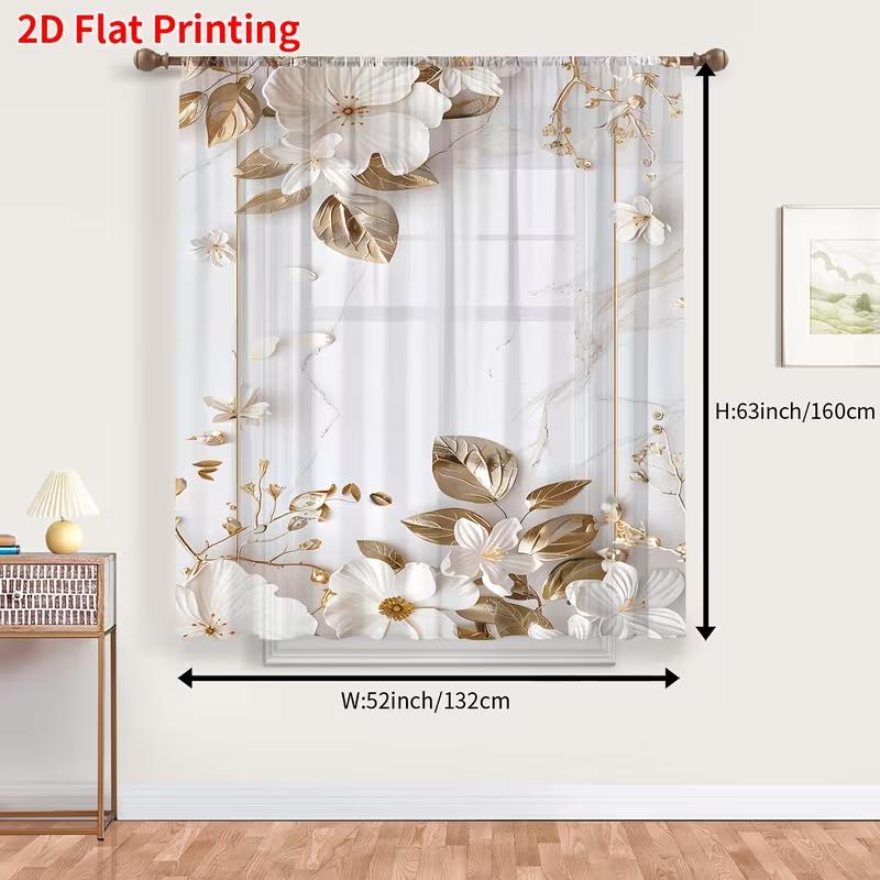 

1PC White & Gold Floral Frame Sheer Curtains - Luxurious Botanical Window Drapes for Bedroom & Living Room 39Wx51L(100x130CM)&Rod Pocket