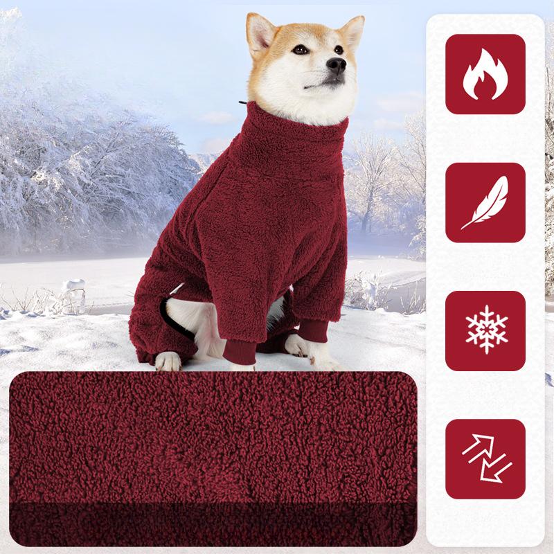 Dog Four-legged Coat for Winter Cold Protection and Warmth, Long Plush One-piece Coat for Home Wear, High Collar