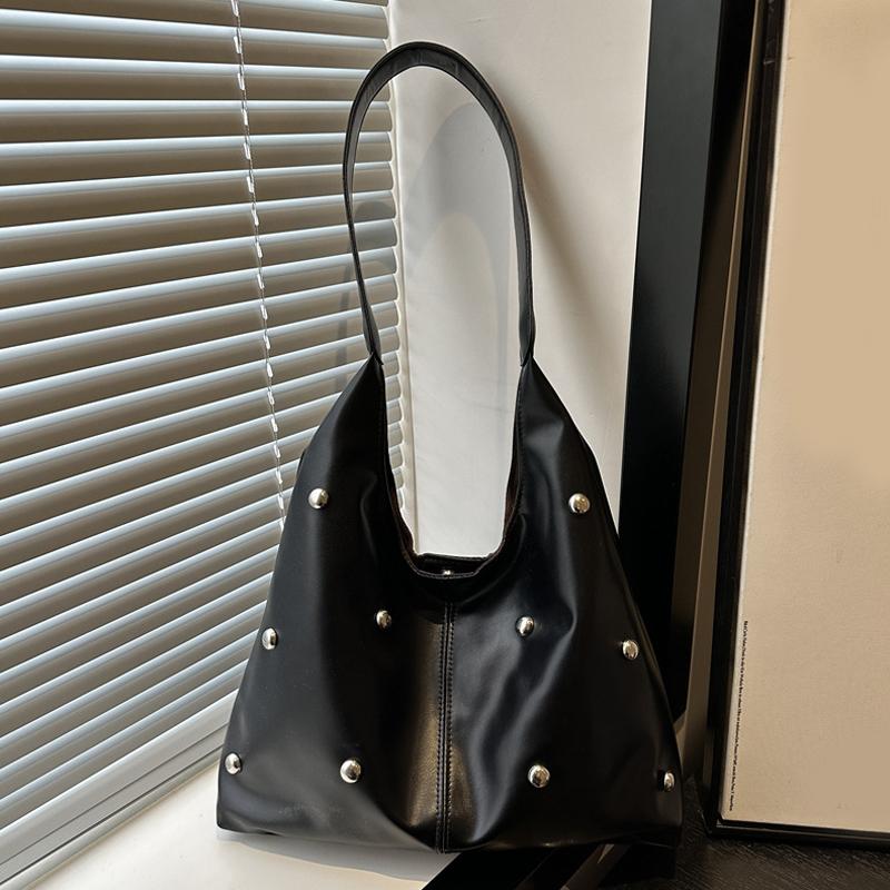 Yogodlns Punk Style Embellished Double-Faced Round Rivet Inlaid Niche Luxury Bucket Bag Chic Lady Underarm Large Capacity Shoulder Bag