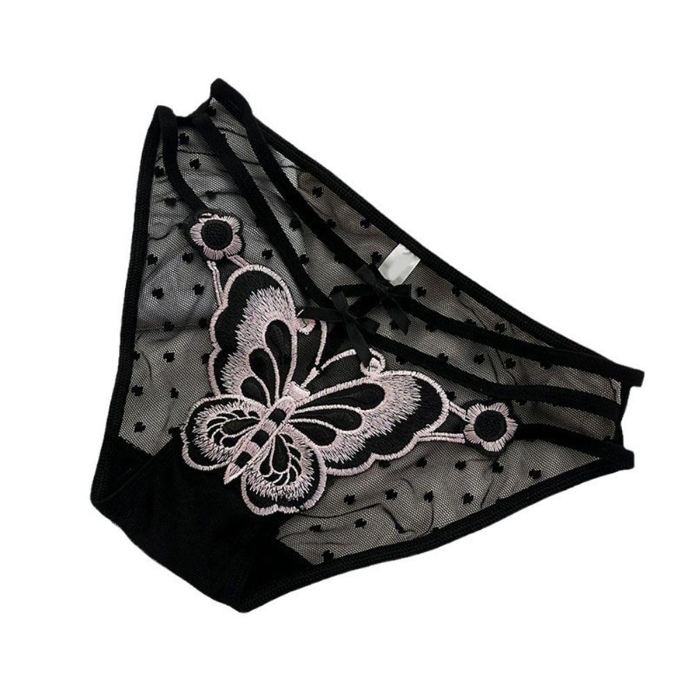 Low-Waist Butterfly Embroidery Bow Underpants Transparent Flower Mesh Slim Panties  Women