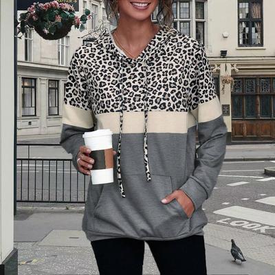 Damen Kapuzenpullover mit Leopardenmuster, Streifenmuster, lockere Bluse, Sweatshirt, lässig, langärmelig
