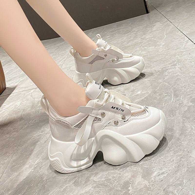 2025 Autumn Women Chunky Sneakers Breathable Mesh Casual Shoes 7.5CM Heels Fashion Trainers Lace-Up Platform Dad Shoes Woman