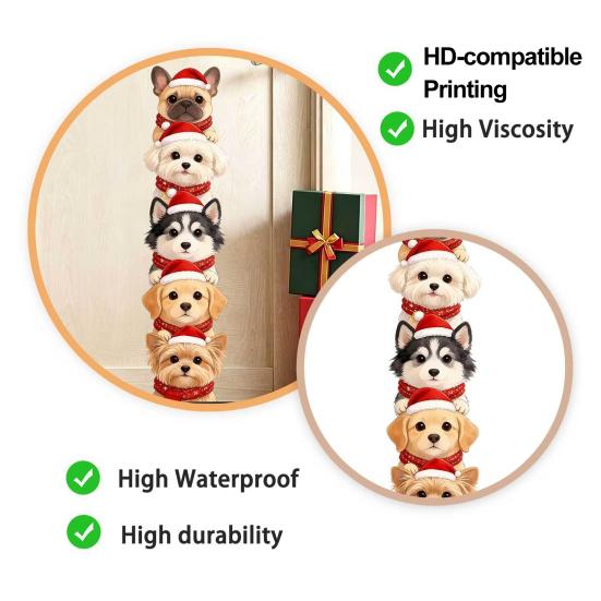 Christmas Wall Decals for Home Puppy Stickers, Removable Self-adhesive Dog Walls Doors, PVC Stacked Puppies Cute Santa Room Decor Art with Hats