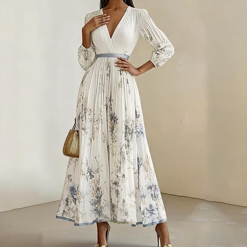 Spring 2026 European & American Elegant V-Neck Pleated Printed Slim-Fit Long Dress for Women