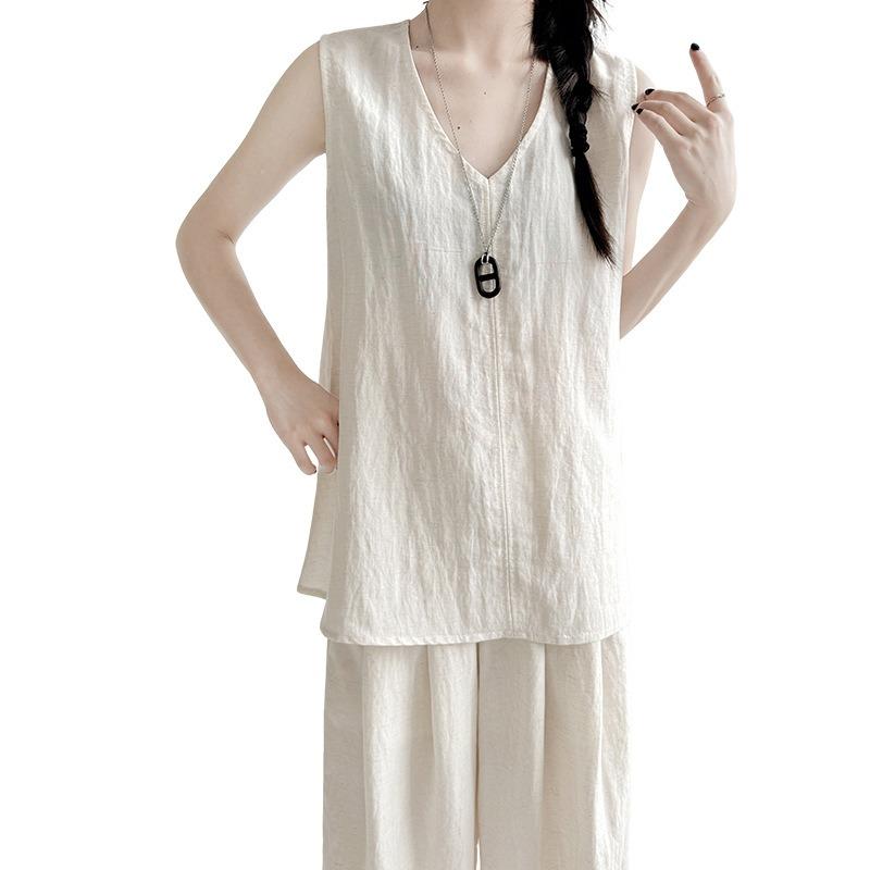 Ärmelloses Leinen-T-Shirt Damen Sommer Locker V-Ausschnitt Weste Einfarbig Baumwolle und Leinen Oberteil