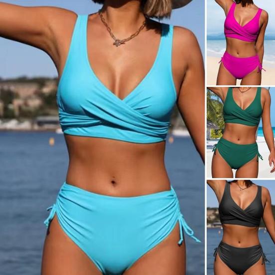 2 stk./Sæt Dame Sommer Bikini Sæt V-udskæring Ærmeløs BH Høj Talje Side Snørebånd Trusse Sæt Mavekontrol Badedragt Badetøj