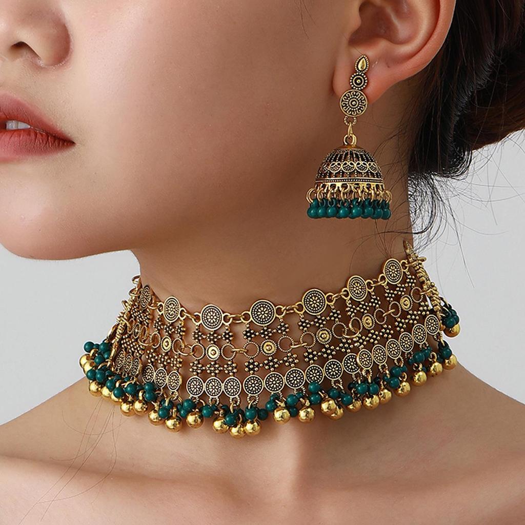 Bohemian Exotic Rhinestone Tassel Necklace & Earrings Set In Antiqued Alloy
