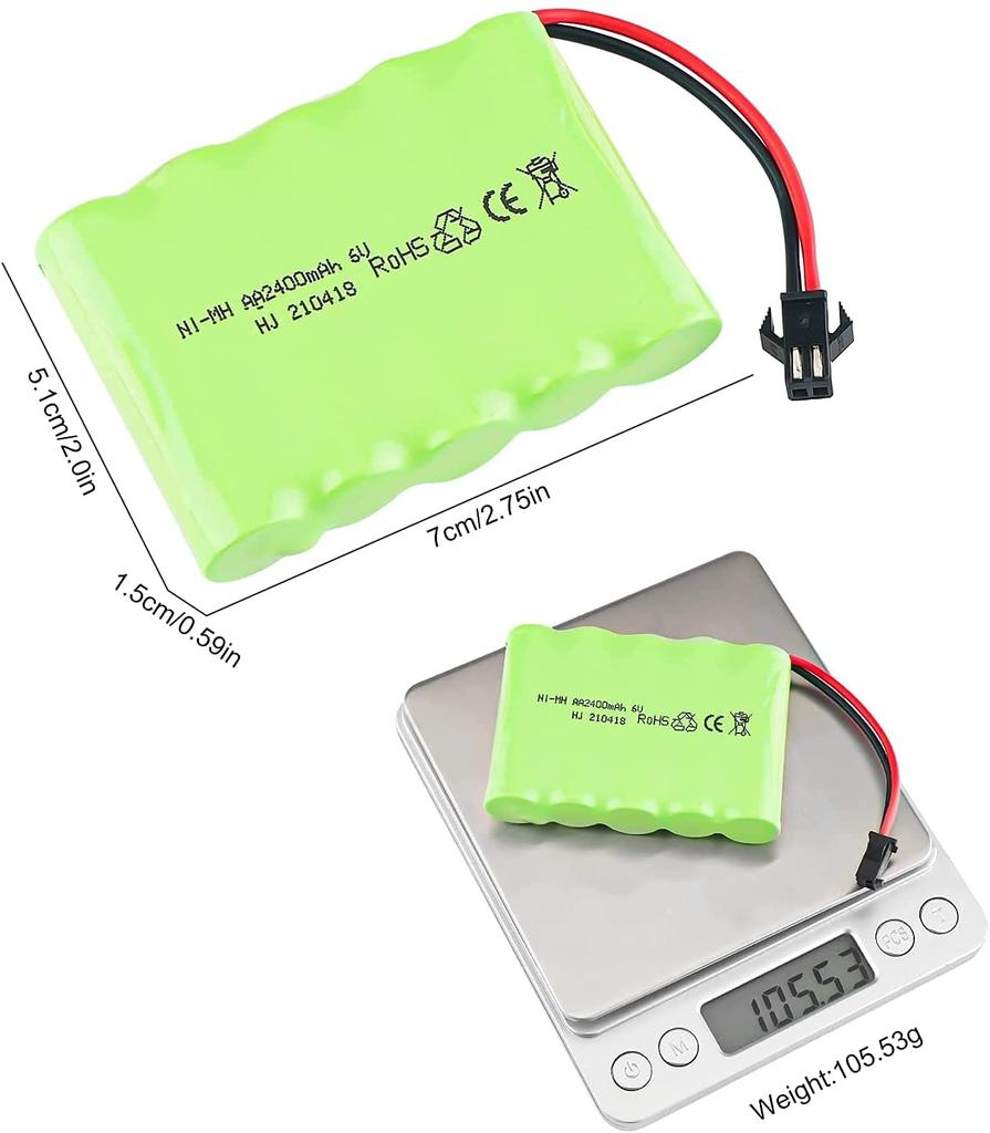 Rechargeable Ni-MH Battery 6V 2400mAh for RC Cars | Includes USB Charging Cable | Long Runtime Over 18 Minutes | Green