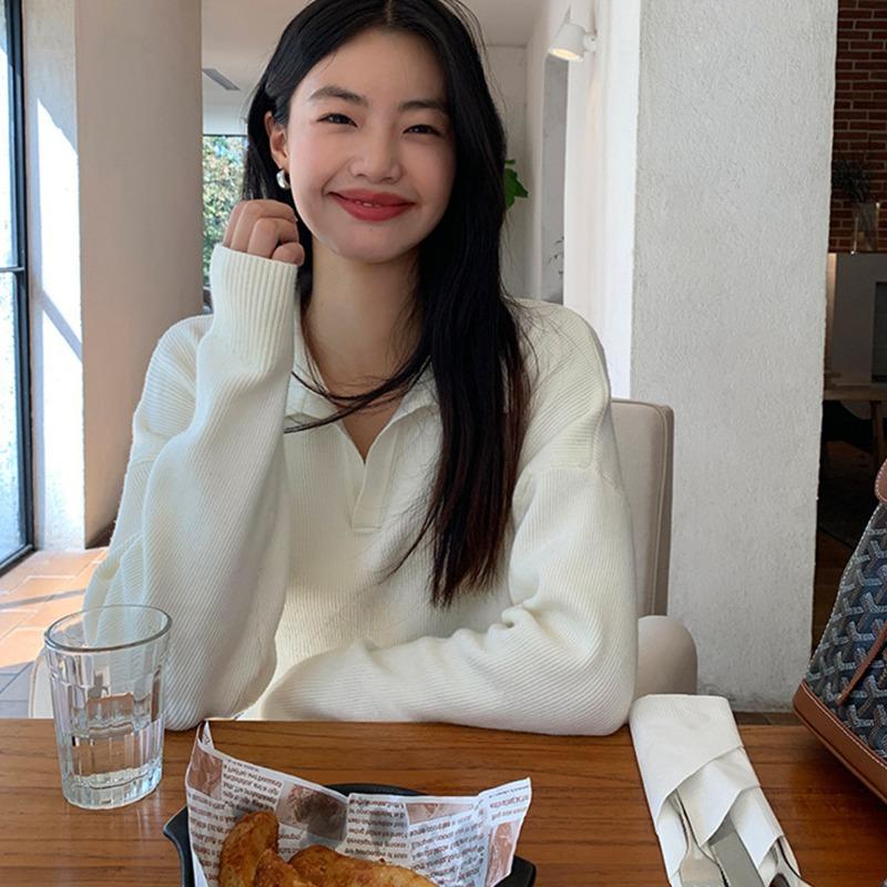 Light grade soft waxy inner lapel olo shirt knitted sweater women's autumn lazy and thin high-end bottoming top