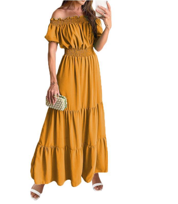 

Women s dress one-word collar spring short-sleeved new long dress S жёлтый