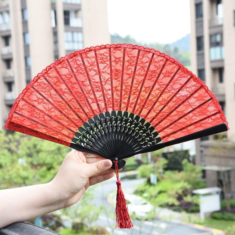 Mengyilian Black Chinese Style Lace Folding Fan Han Chinese Clothing Cheongsam Ju Jingyi Dance Handheld Women's Retro Style Fan
