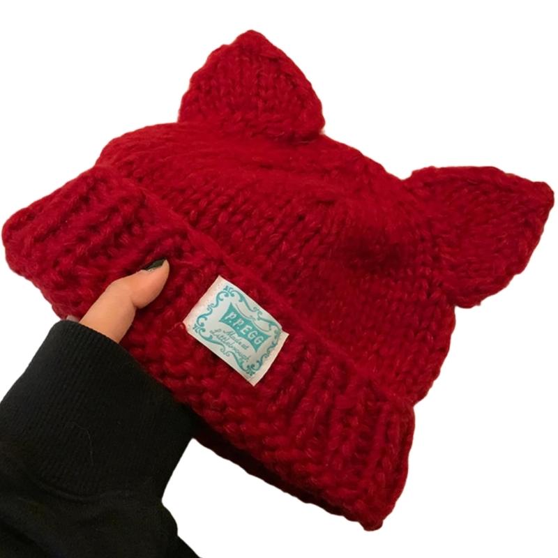 Women Winter Crochet Hat Cats Ear Knitted Hat for Girl Skiing Cycling Warm Winter Snow Hat for Christmas Present