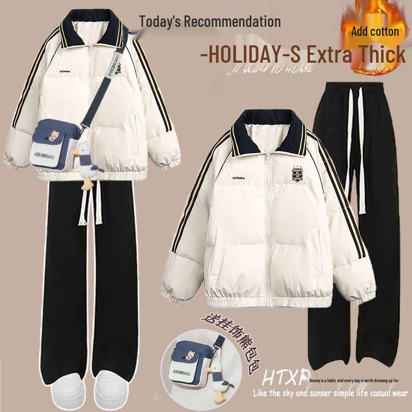 Colorblock Winterset: Lässiger Baumwollmantel im koreanischen Stil & Jeans mit Kordelzug für Studentinnen