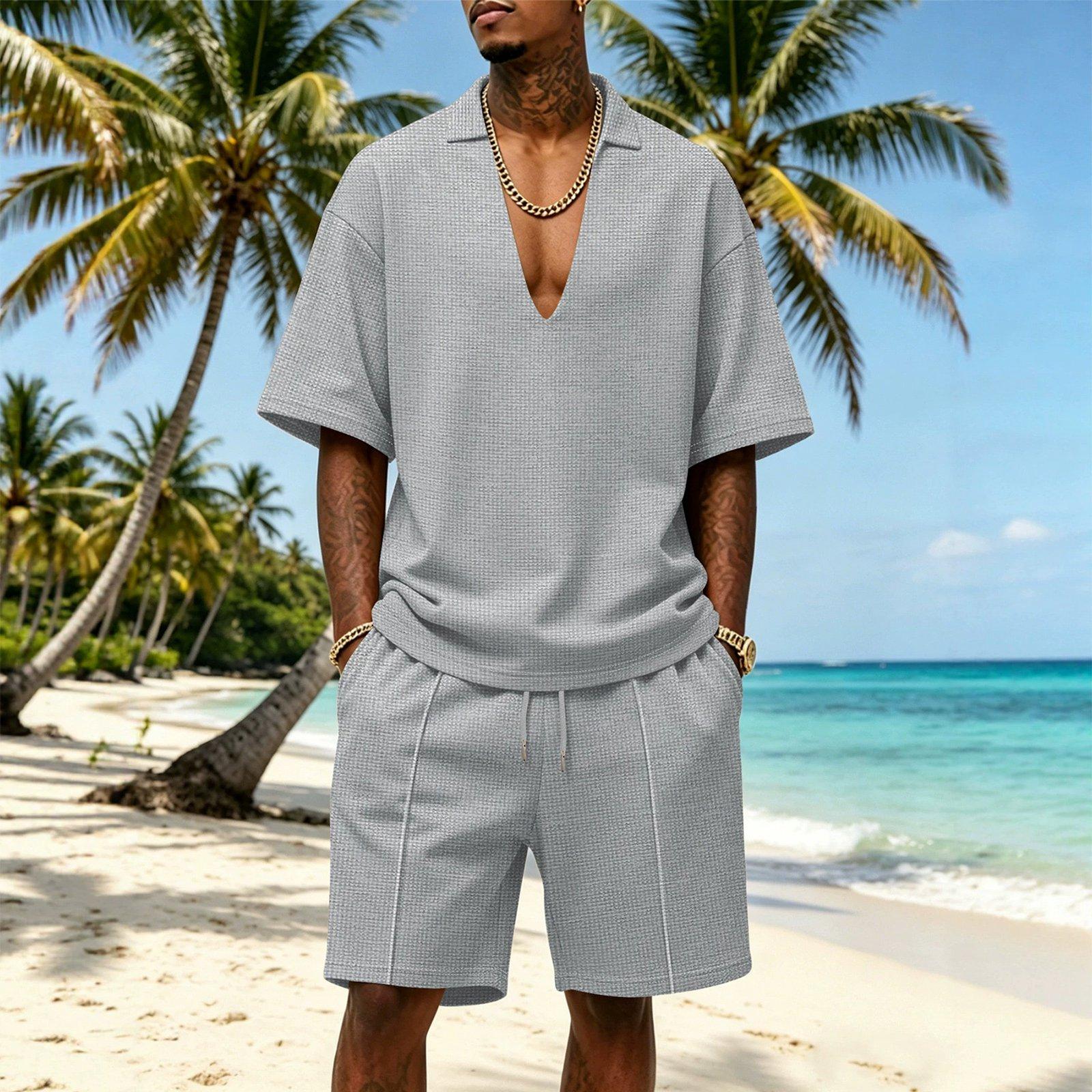 Men’s Casual Two Piece Outfit V Neck Pullover Short Sleeve Top and Drawstring Shorts Relaxed Fit Summer Tracksuit Set XXL