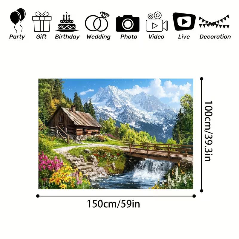 2D Scenic Mountain Backdrop, Alpine Cabin with Waterfall & Forest Photography Background