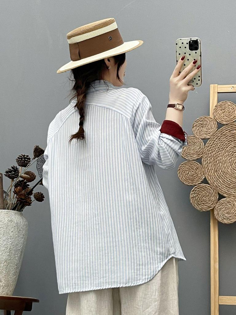 Women's French Retro Vertical Stripe Shirt - Double Layer Cotton Gauze, Long Sleeve, Spring/Autumn 2026
