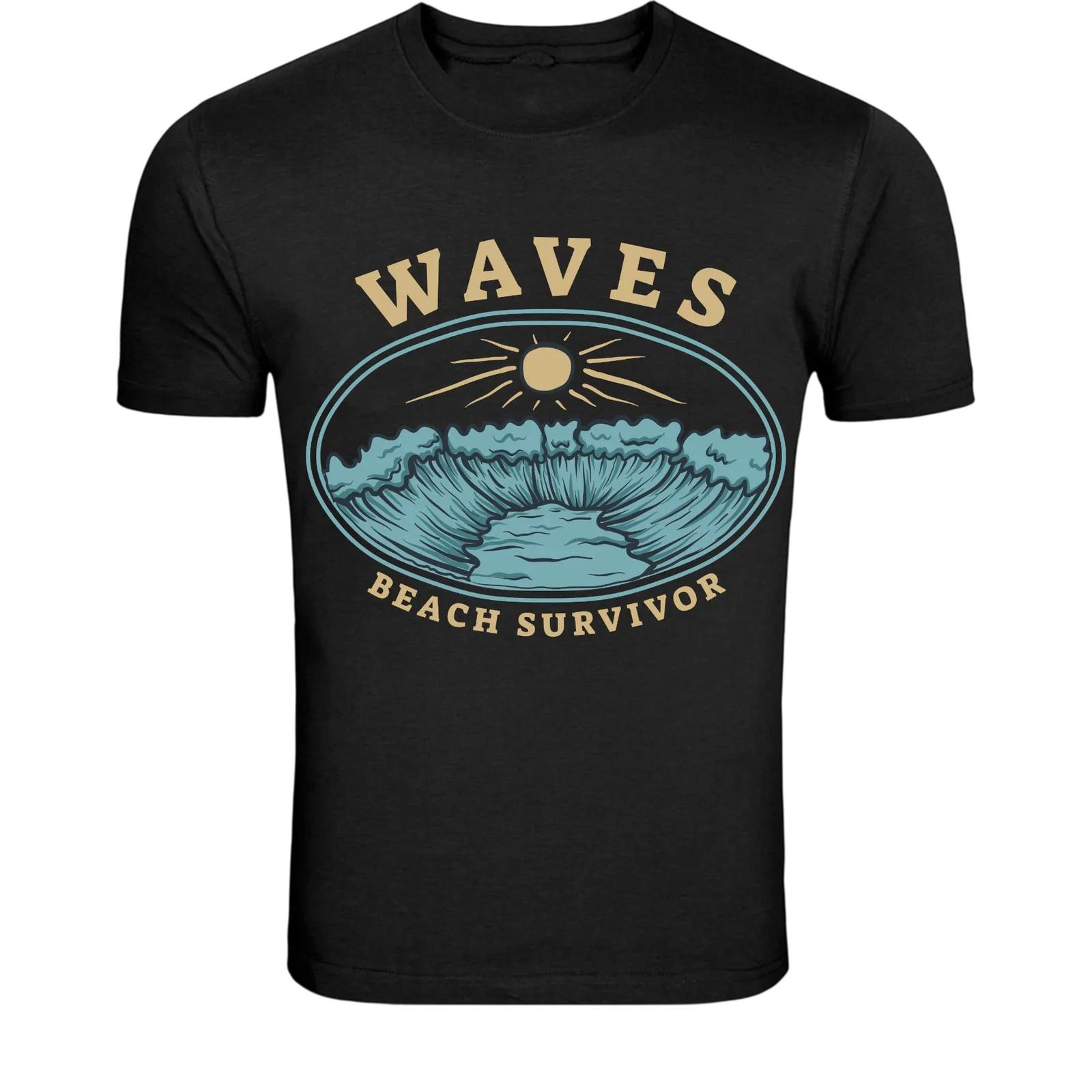 Waves Beach Survivor T-Shirt - Ocean Surf Graphic Tee XS